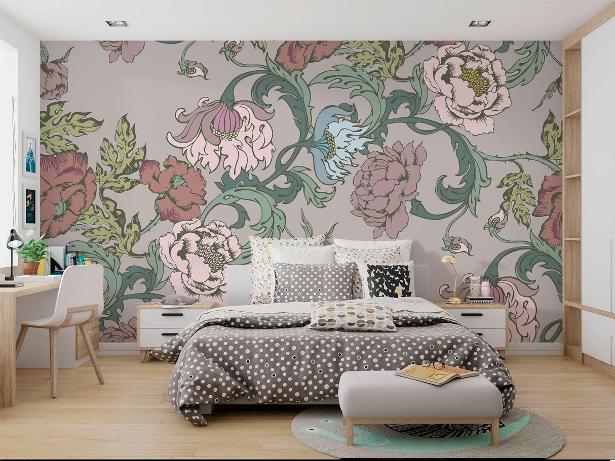 Floral wall mural brightening home office with soft pink and sage green tones