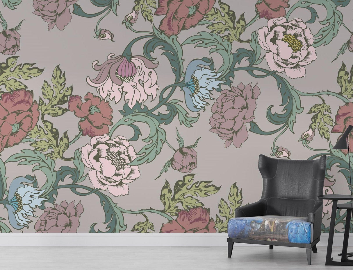 Botanical peony pattern enhancing hallway with flowing art nouveau design