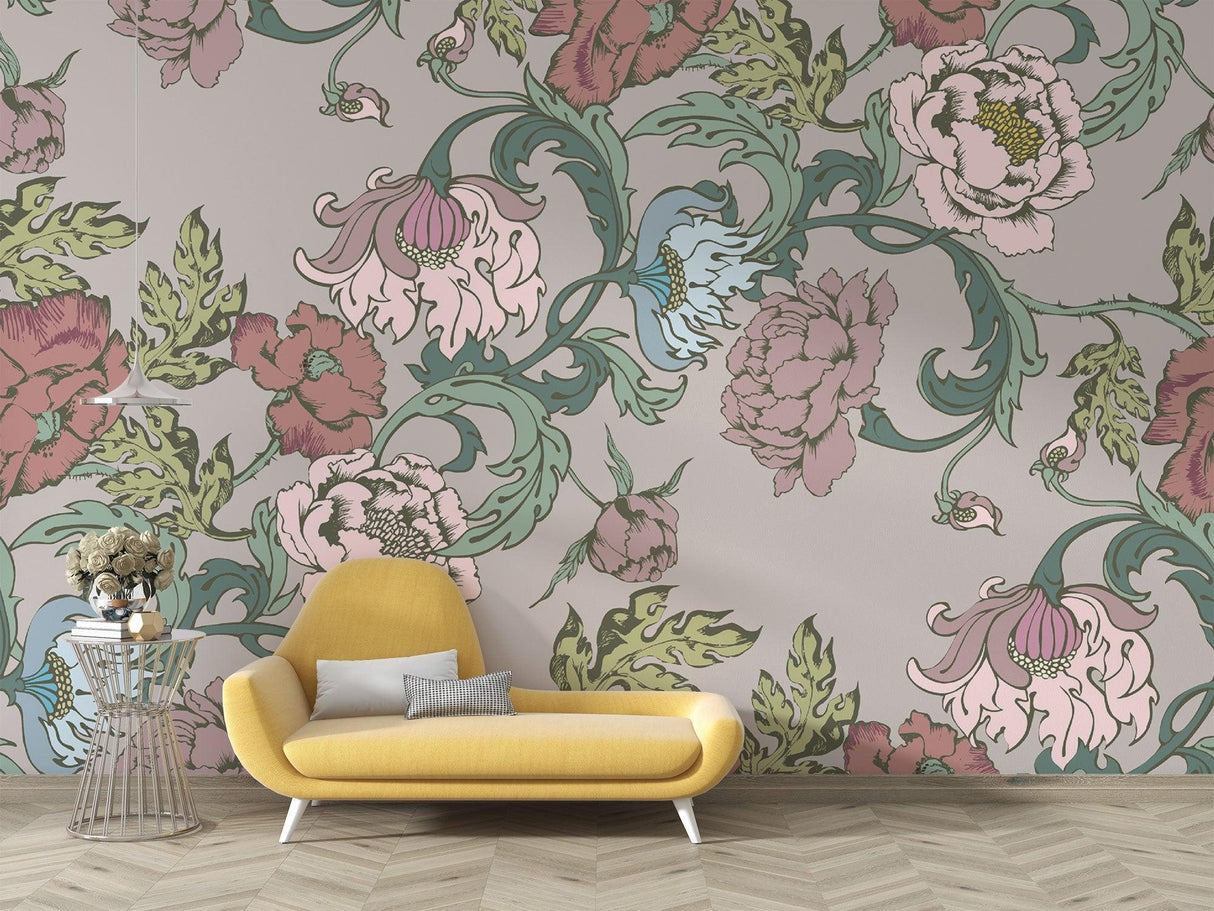 Art Nouveau wall mural adding character to powder room with intricate vine details