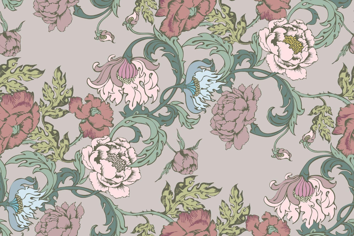 Art Nouveau peony and vine design file showing detailed floral pattern and color palette