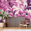 Pink and purple Art Nouveau floral wallpaper in a bright modern living room with natural light