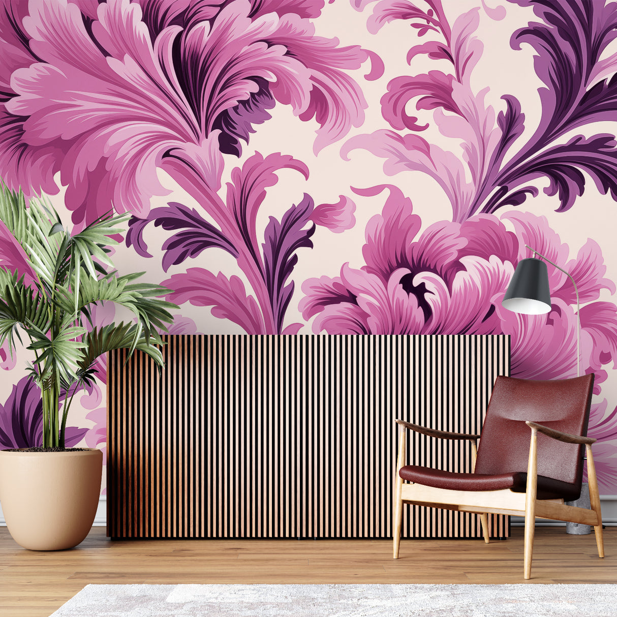 Pink and purple Art Nouveau floral wallpaper in a bright modern living room with natural light