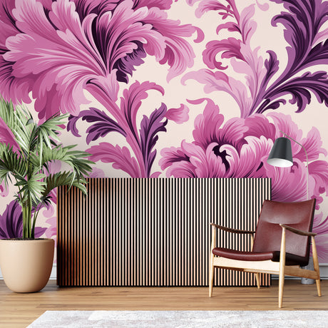 Pink and purple Art Nouveau floral wallpaper in a bright modern living room with natural light