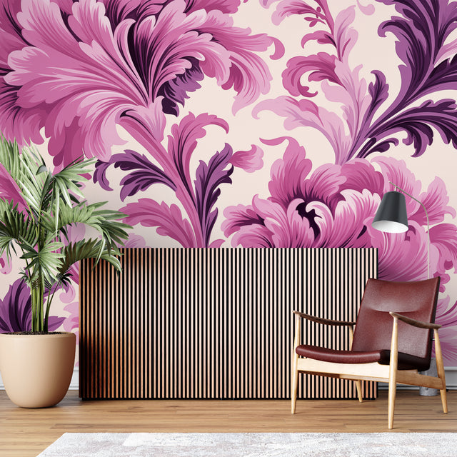 Pink and purple Art Nouveau floral wallpaper in a bright modern living room with natural light
