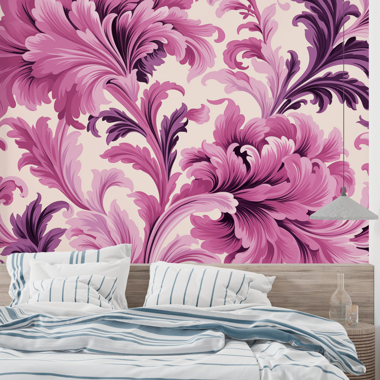 Art Nouveau floral wallpaper creating an elegant backdrop in a master bedroom