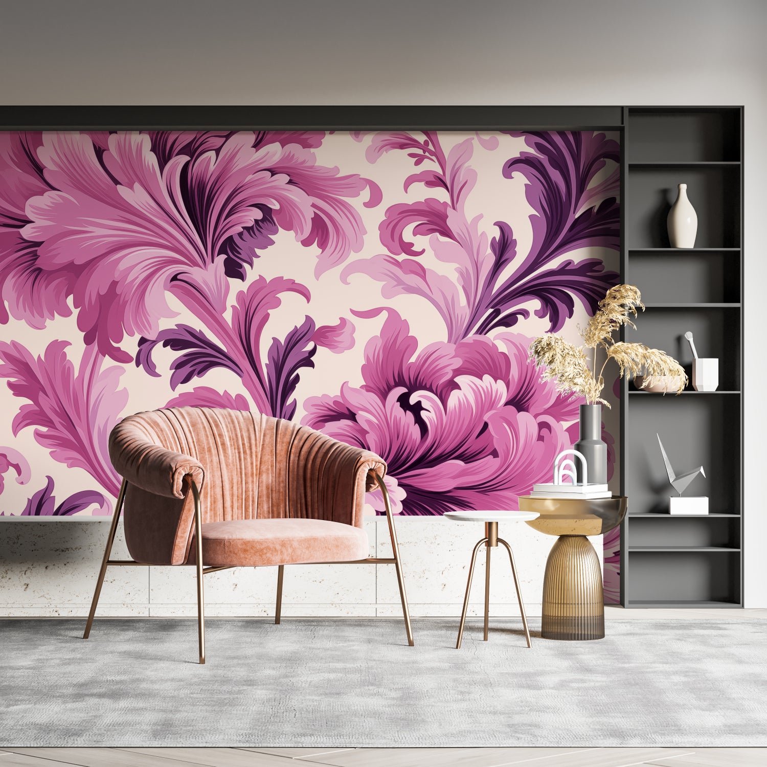 Pink Art Nouveau wallpaper design in a cozy reading nook with plush seating
