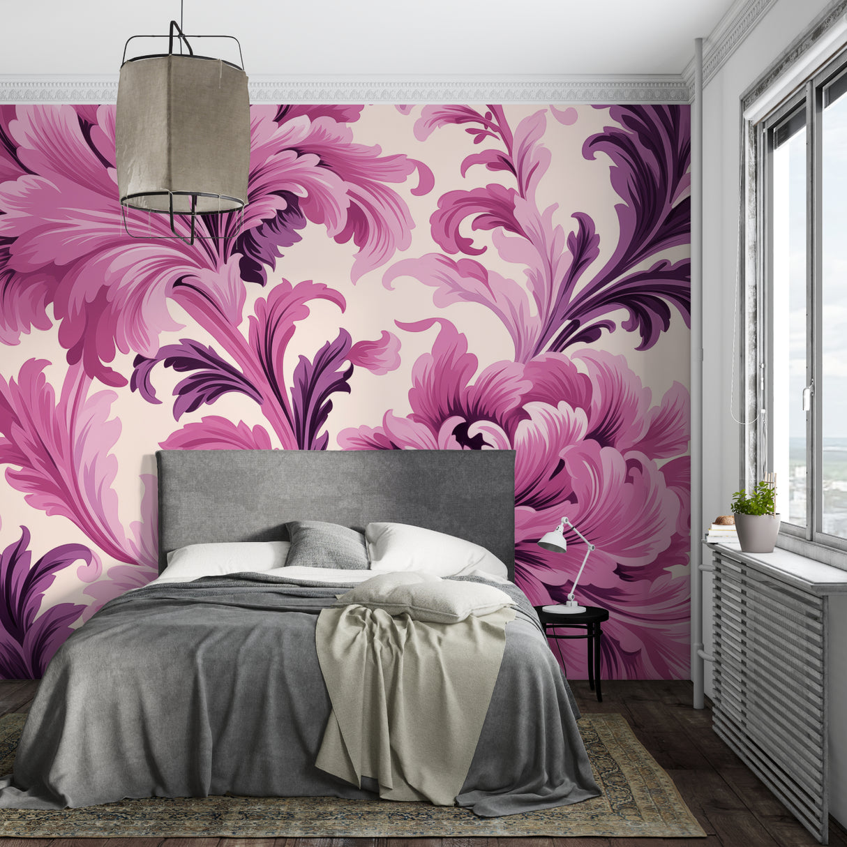 Art Nouveau pink and purple pattern adorning a home office accent wall