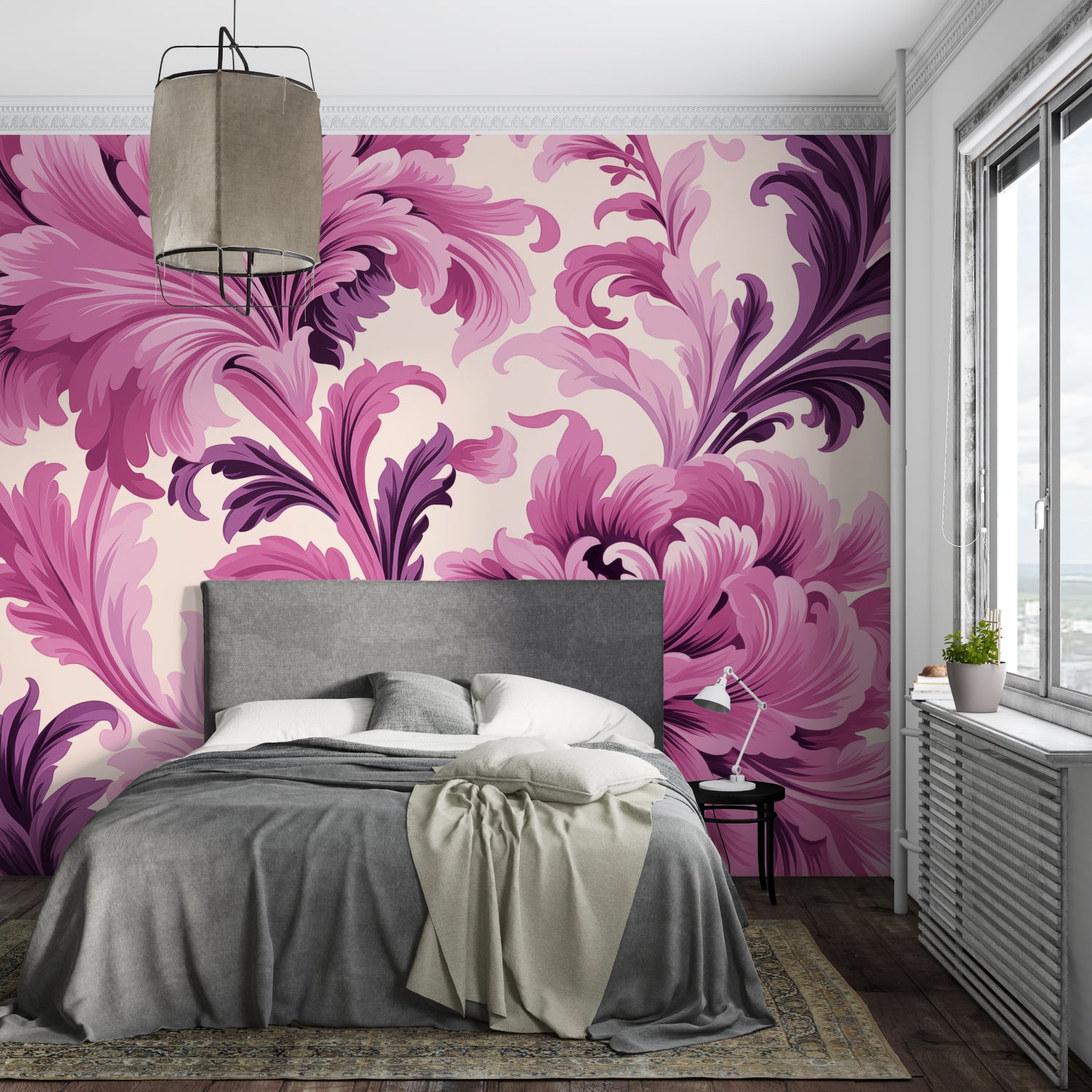 Art Nouveau pink and purple pattern adorning a home office accent wall