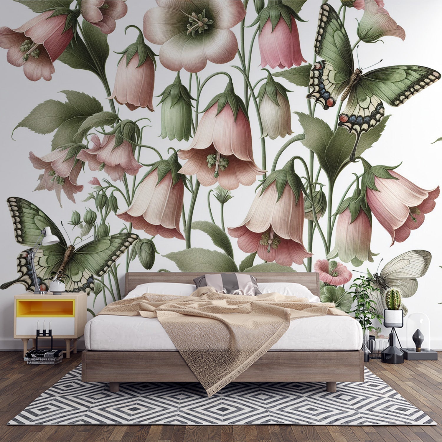 Pink Bell Flowers Wallpaper with butterflies creating a fresh spring atmosphere in a bright living room setting