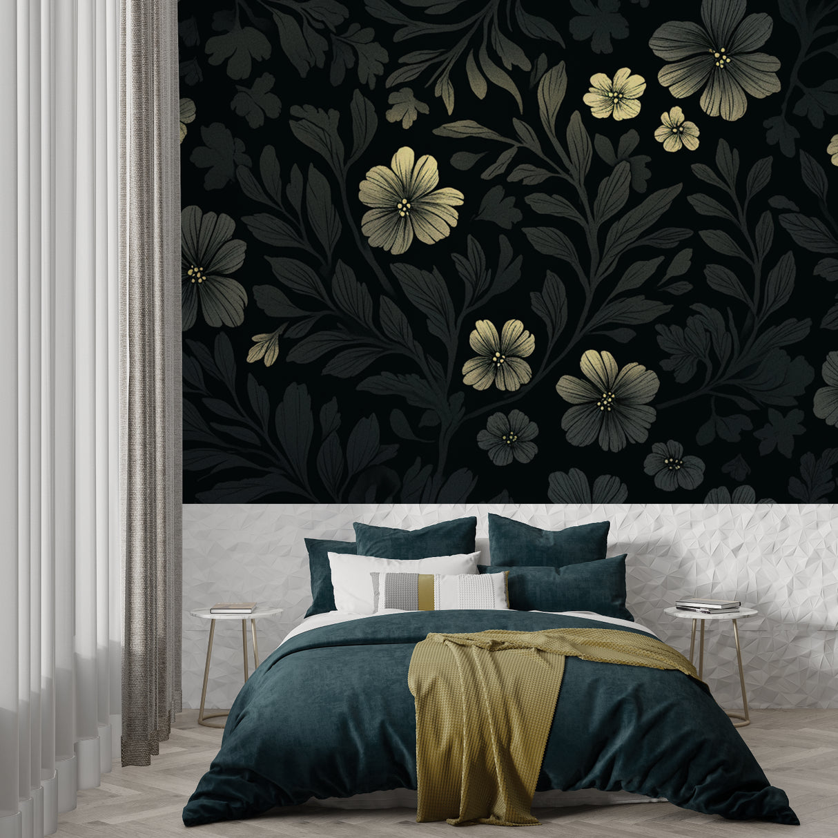 Black and gold floral wallpaper creating drama in a modern dining room with pendant lights