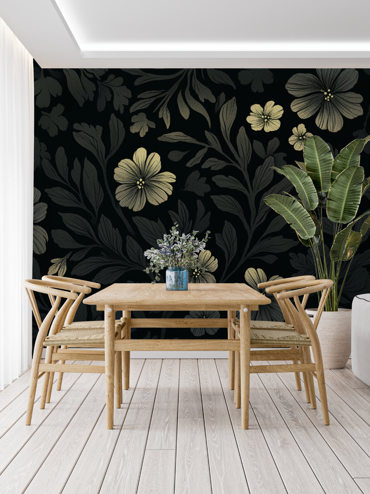 Elegant black floral wall mural showcased in a master bedroom setting