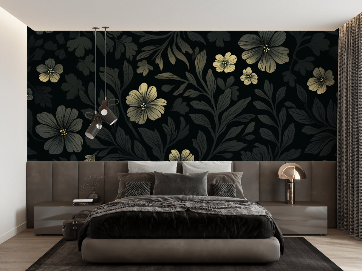 Black and gold botanical wallpaper in a luxury hotel lobby entrance