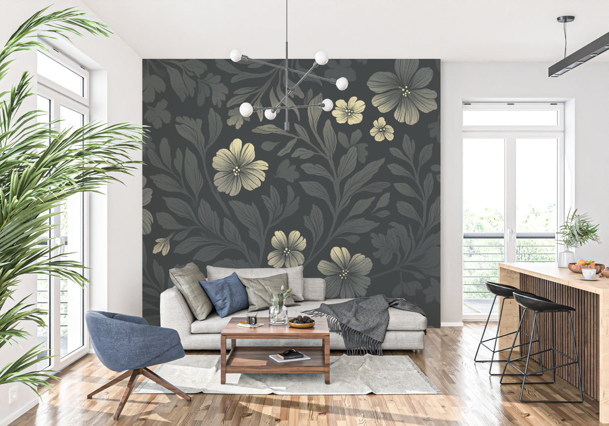 Dramatic floral wallpaper featuring black and gold design in a home office