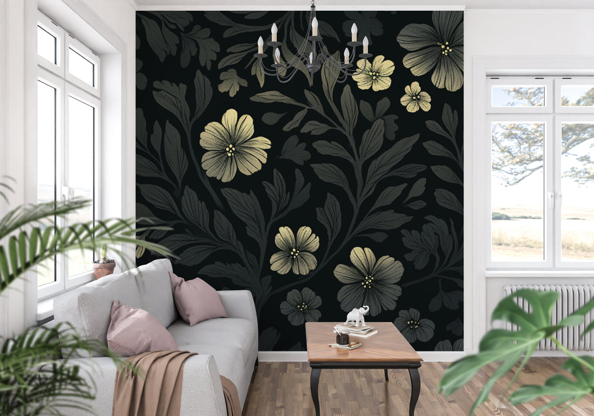 Black floral mural with gold accents transforming a powder room