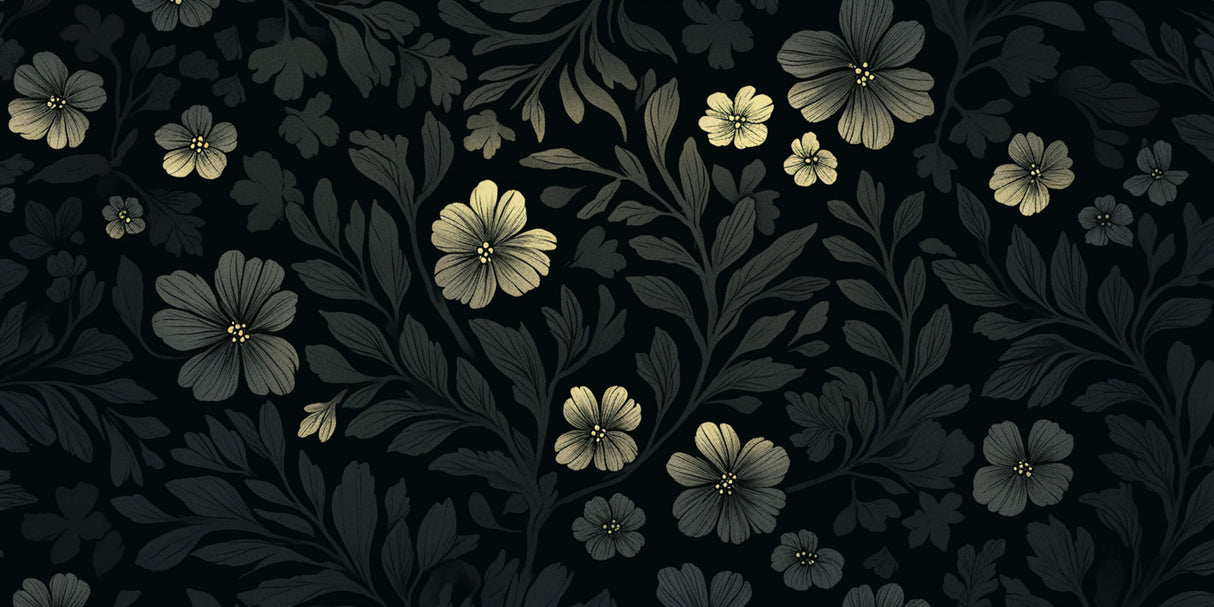 Black and gold floral wallpaper design file showing intricate botanical pattern details