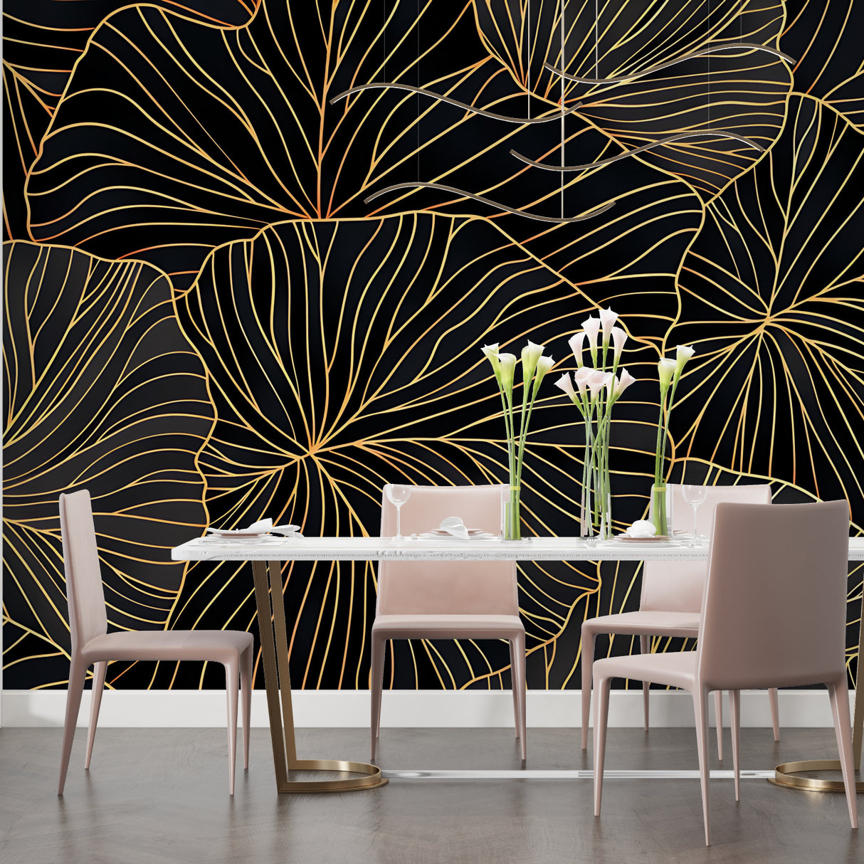 Black and gold leaf pattern mural in contemporary living room space