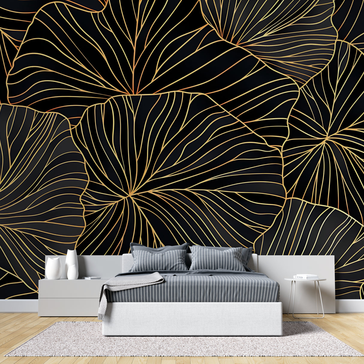 Black and gold botanical wallpaper in elegant home office setup