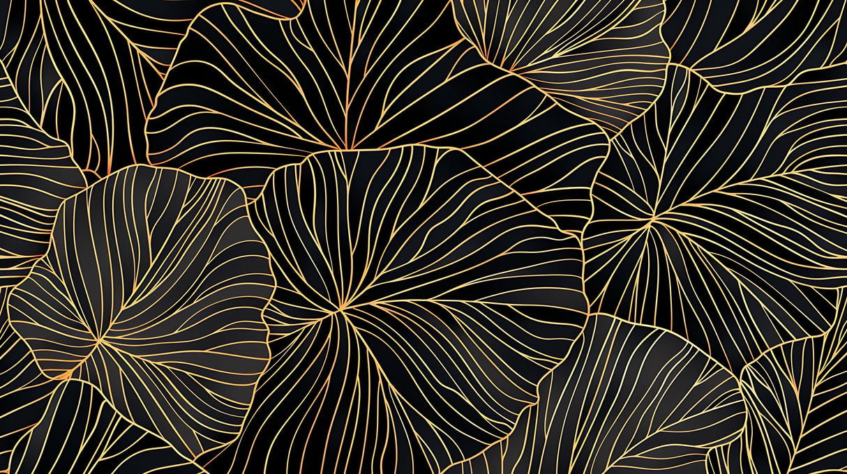 Design file showing detailed black and gold leaf pattern with botanical elements