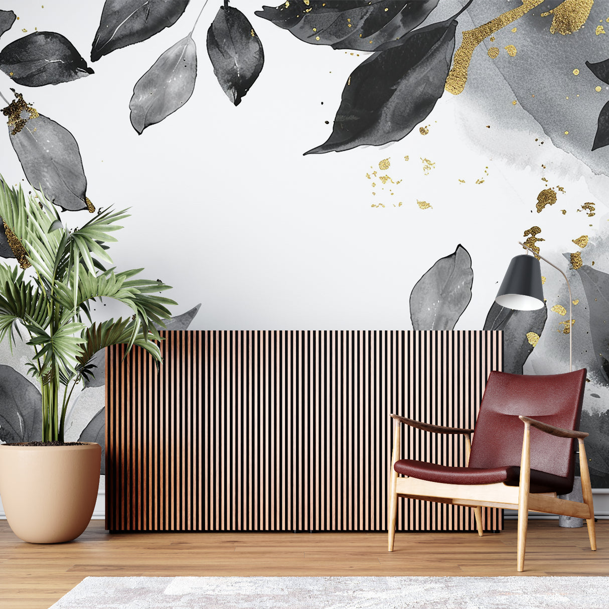 Black and gold leaf wallpaper in modern living room creating elegant atmosphere
