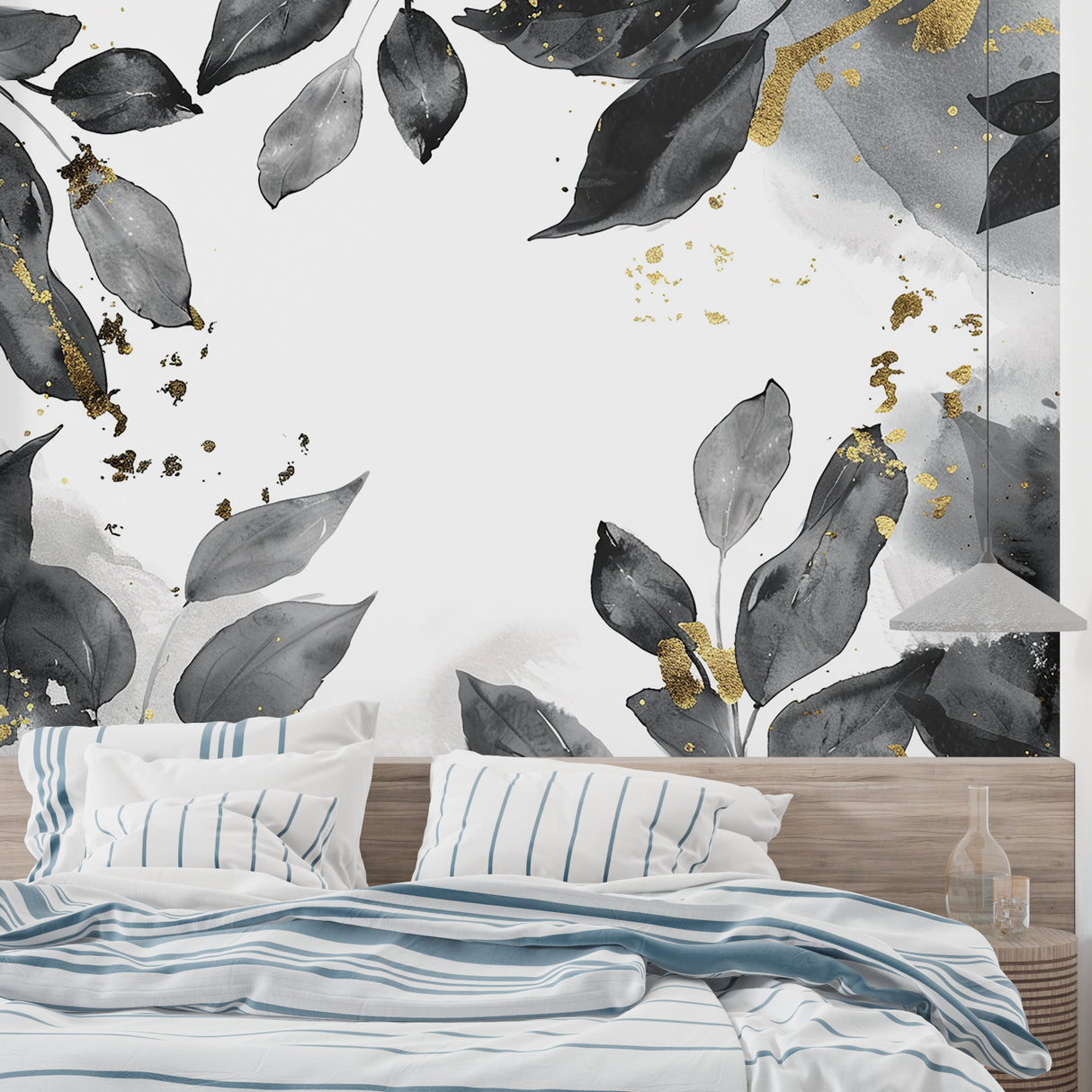 Botanical wall mural with gold accents in master bedroom setting
