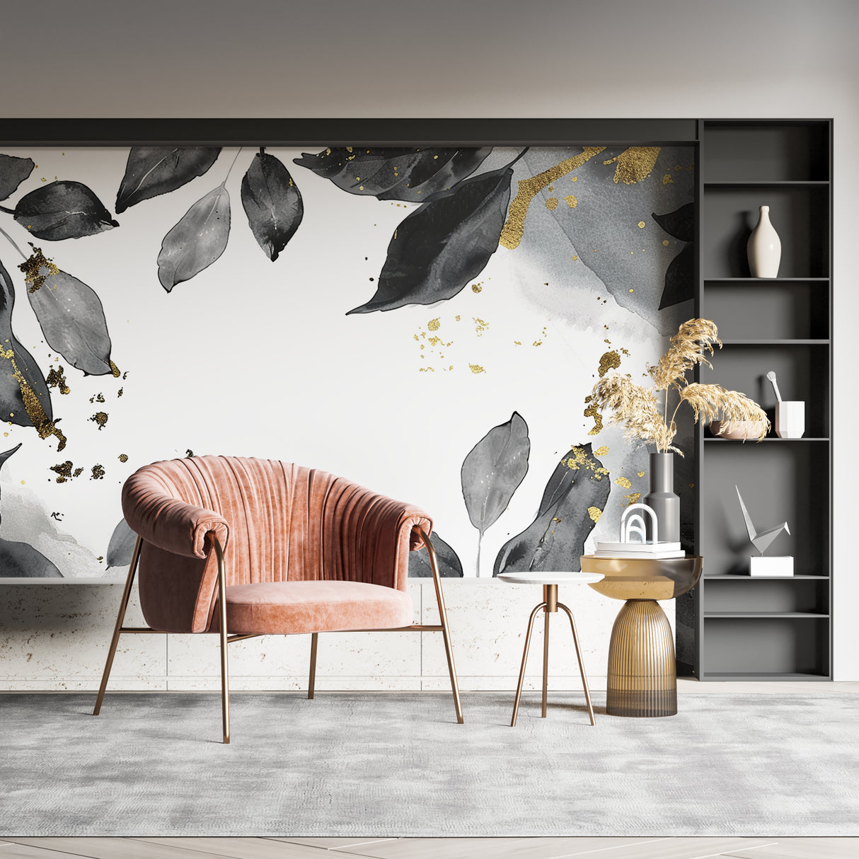 Luxury black and gold leaf wallpaper showcased in dining room