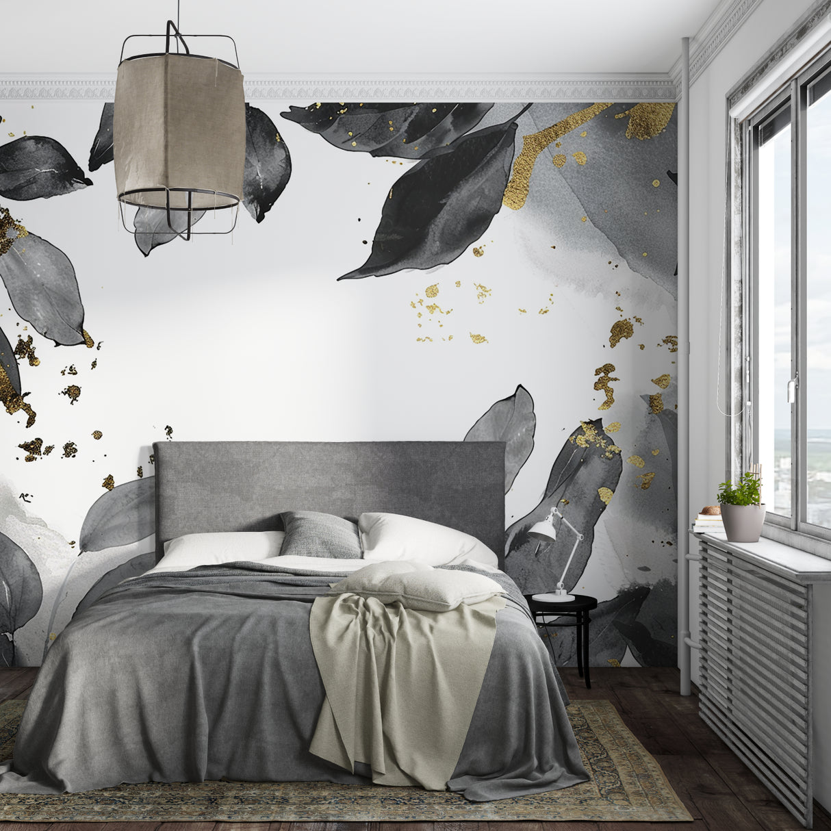 Modern home office featuring black and gold botanical wallpaper