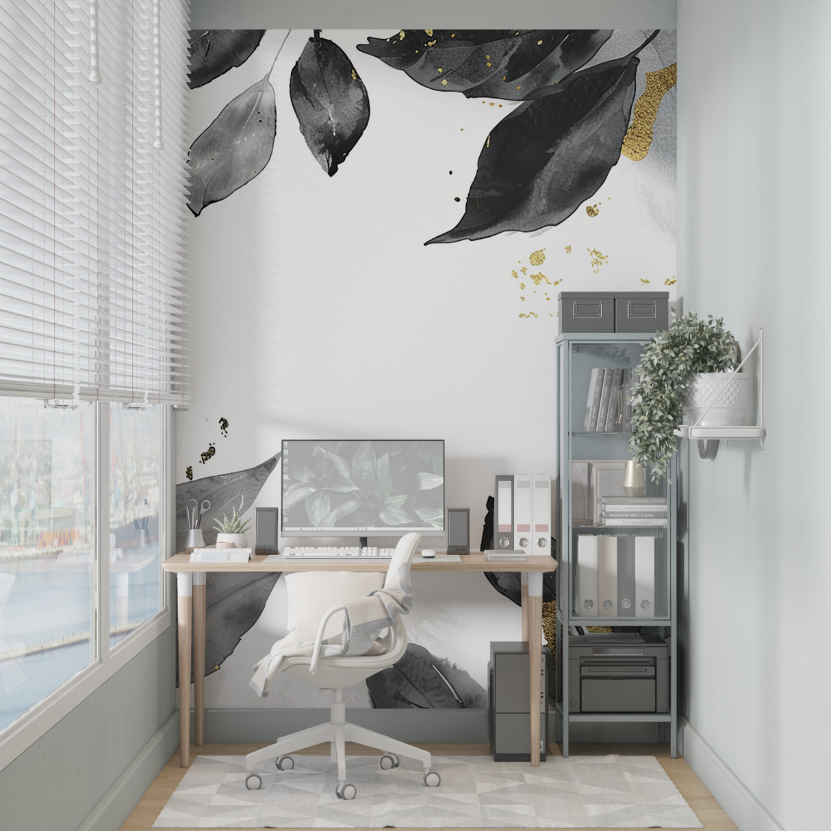 Elegant entryway decorated with black and gold leaf mural