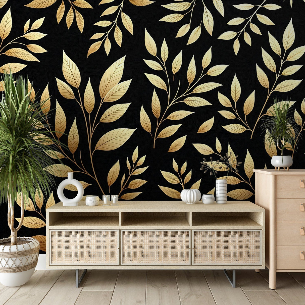 Black and gold leaf wallpaper in modern dining room, elegant botanical pattern creating luxurious atmosphere