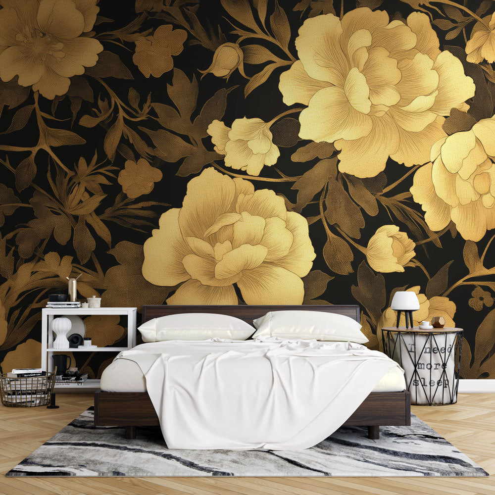 Black and gold floral wallpaper creating dramatic impact in a modern living room with high ceilings and pendant lighting