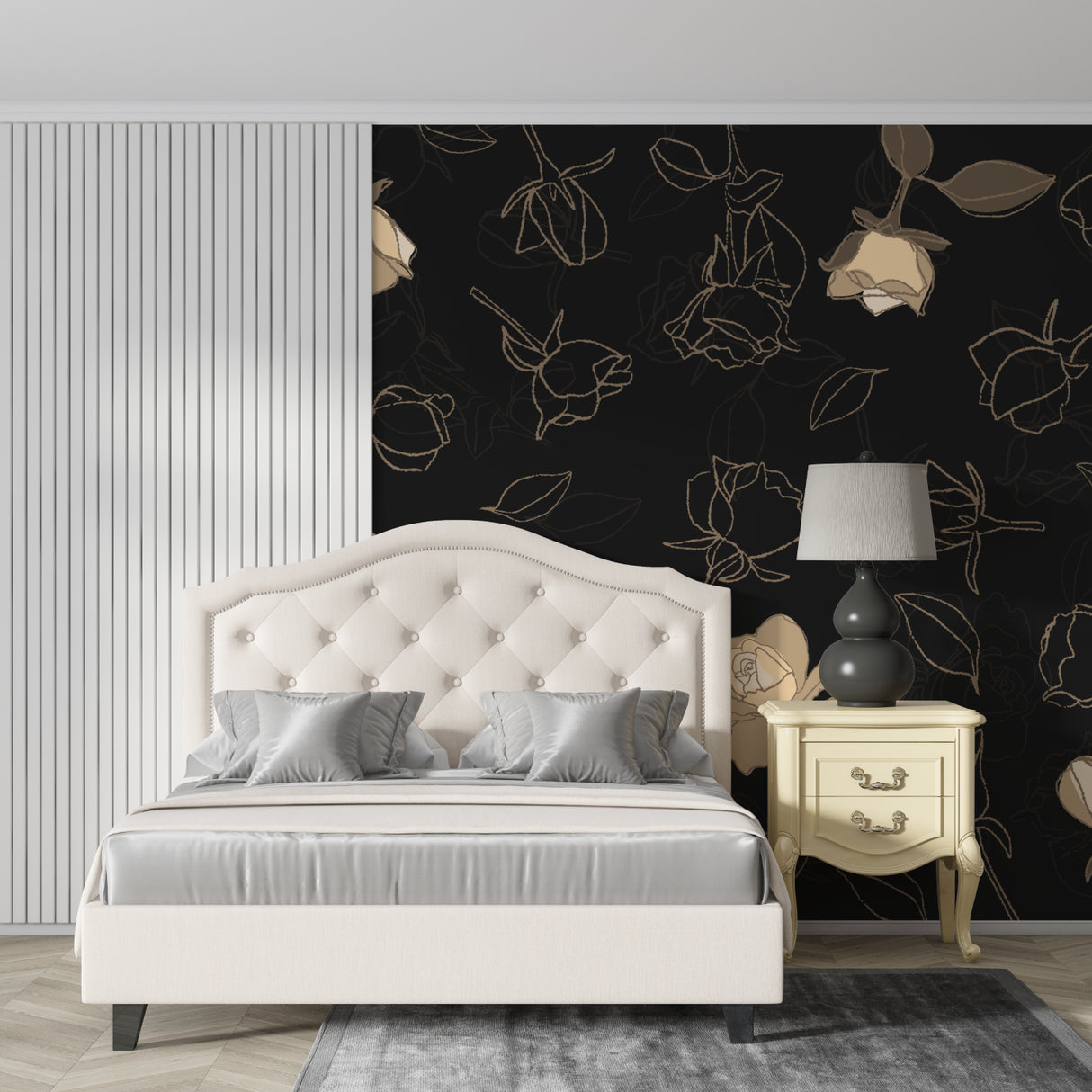 Black and gold rose wallpaper in modern dining room with crystal chandelier