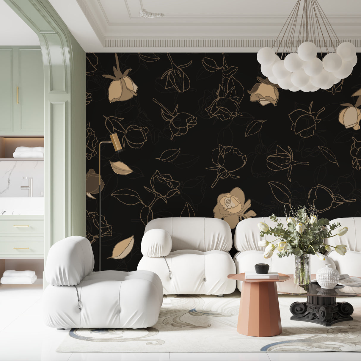 Elegant master bedroom featuring black and gold floral wall mural