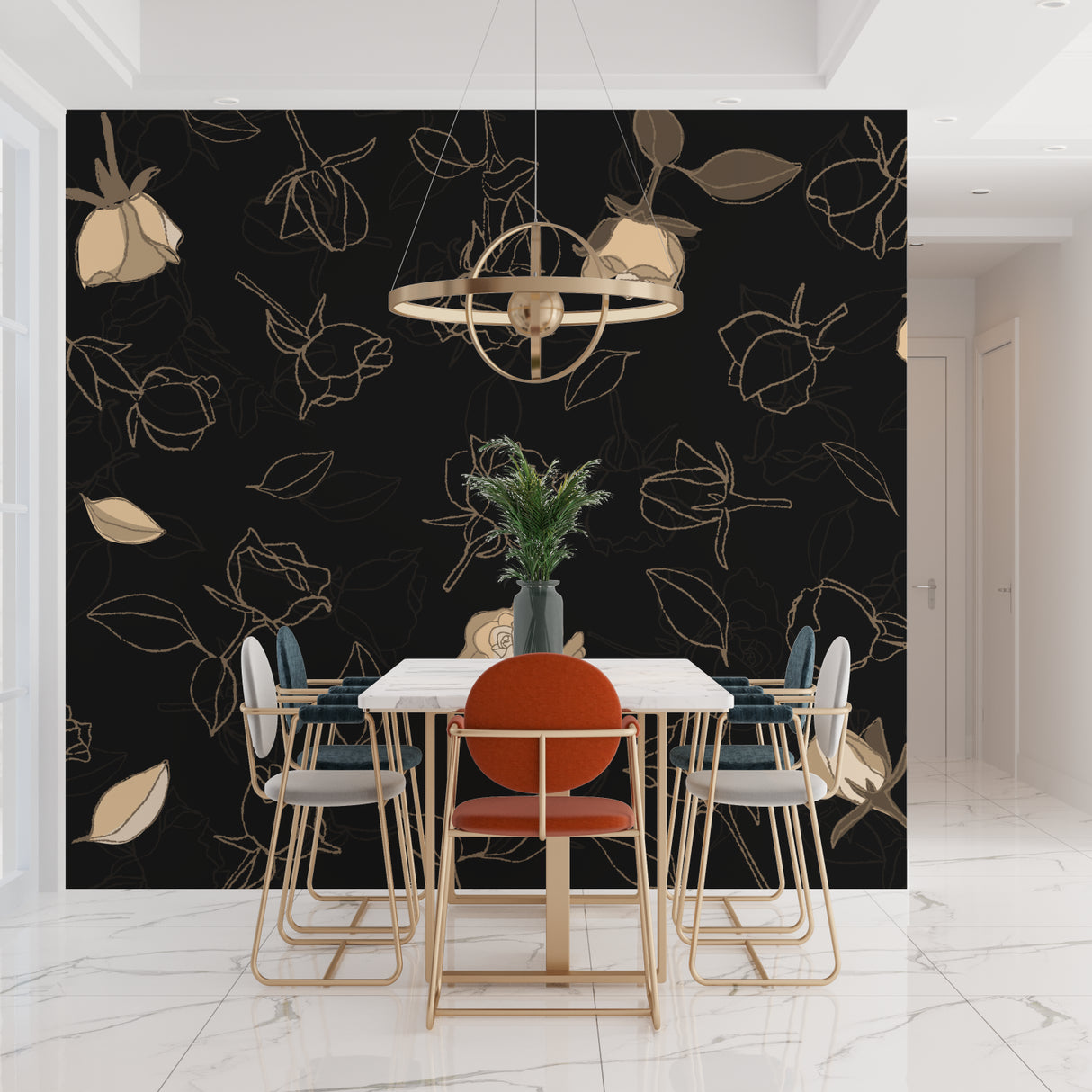 Home office space with black and gold floral accent wall