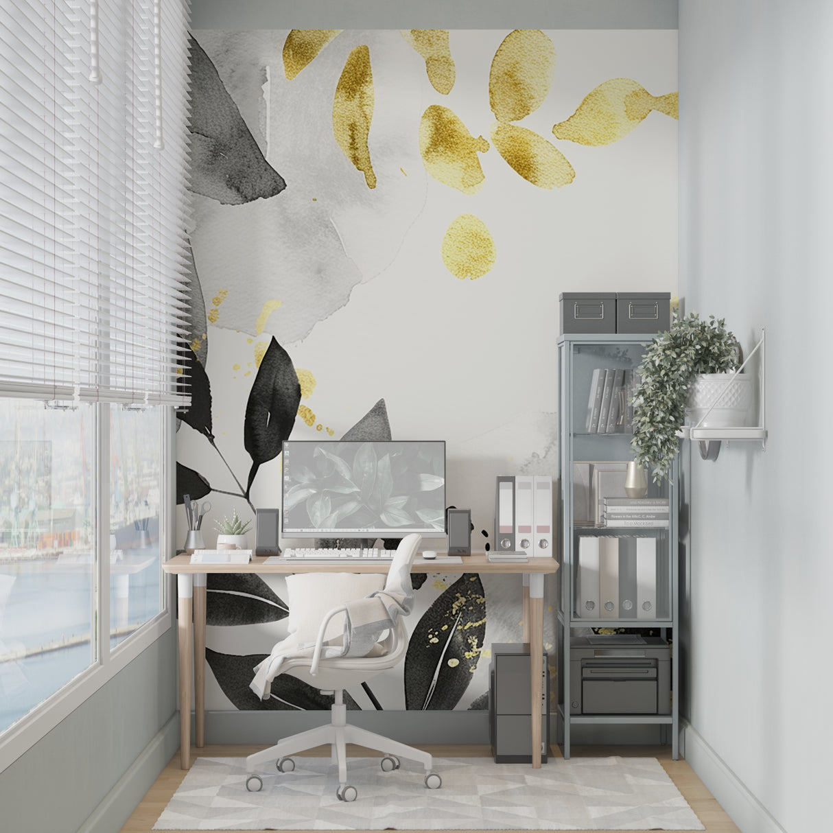 Black and gold watercolor leaf mural in modern living room with grey sofa