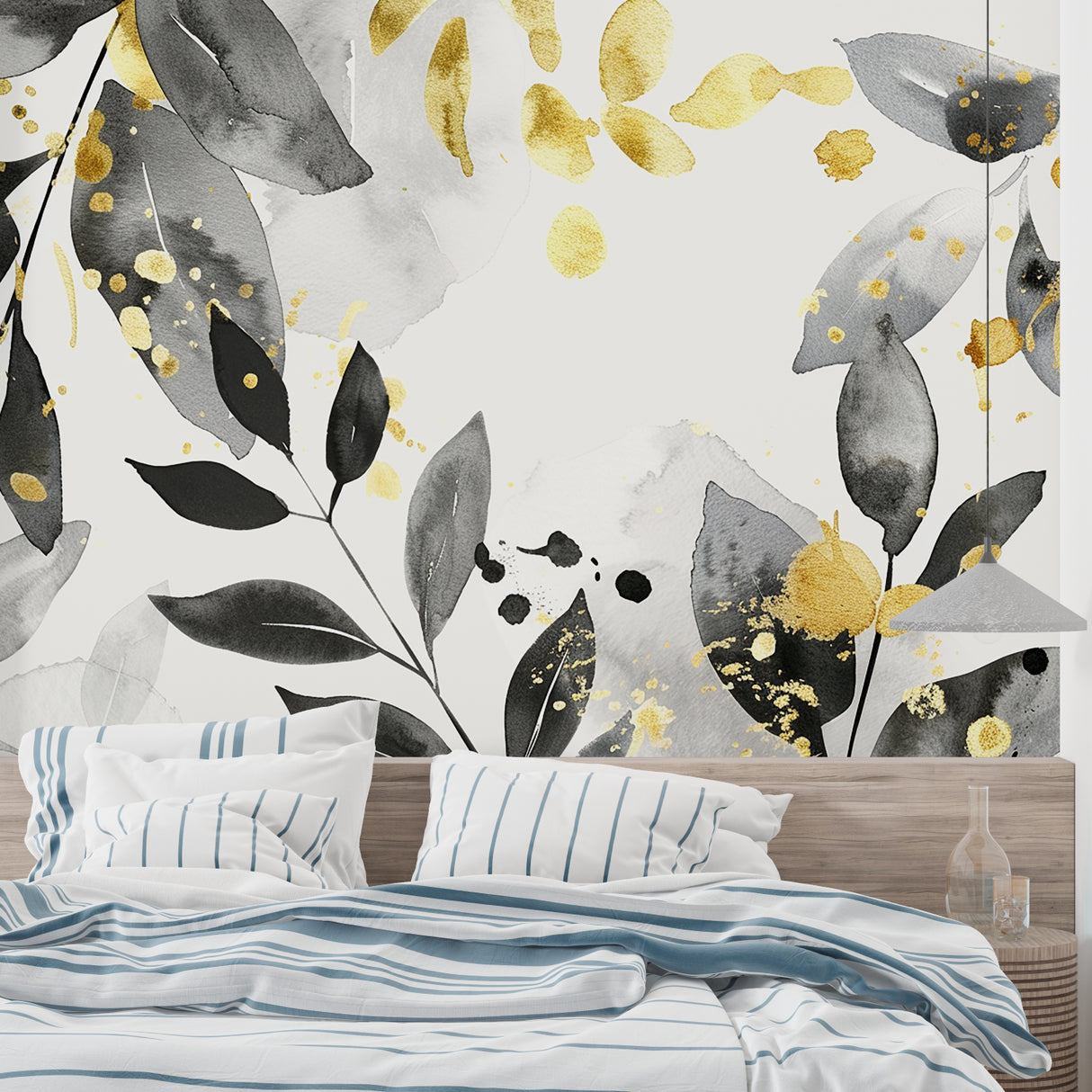 Botanical wallpaper featuring black and gold leaves in master bedroom setting