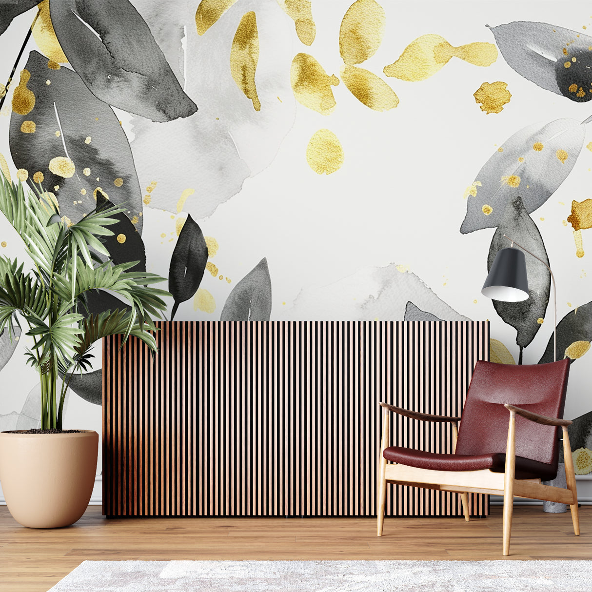 Black and gold leaf wallpaper creating drama in dining room space