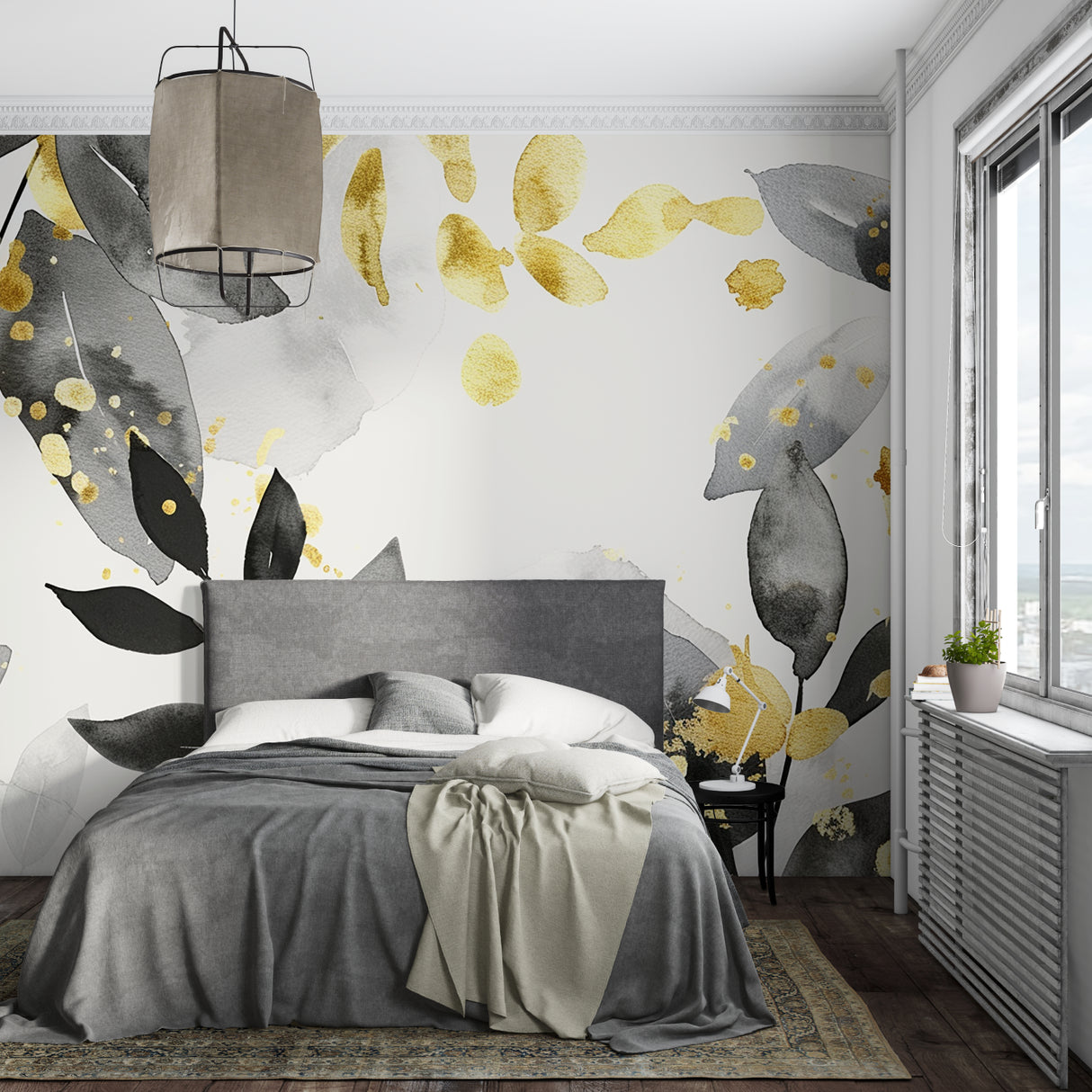 Watercolor leaf mural showcased in home office with natural lighting