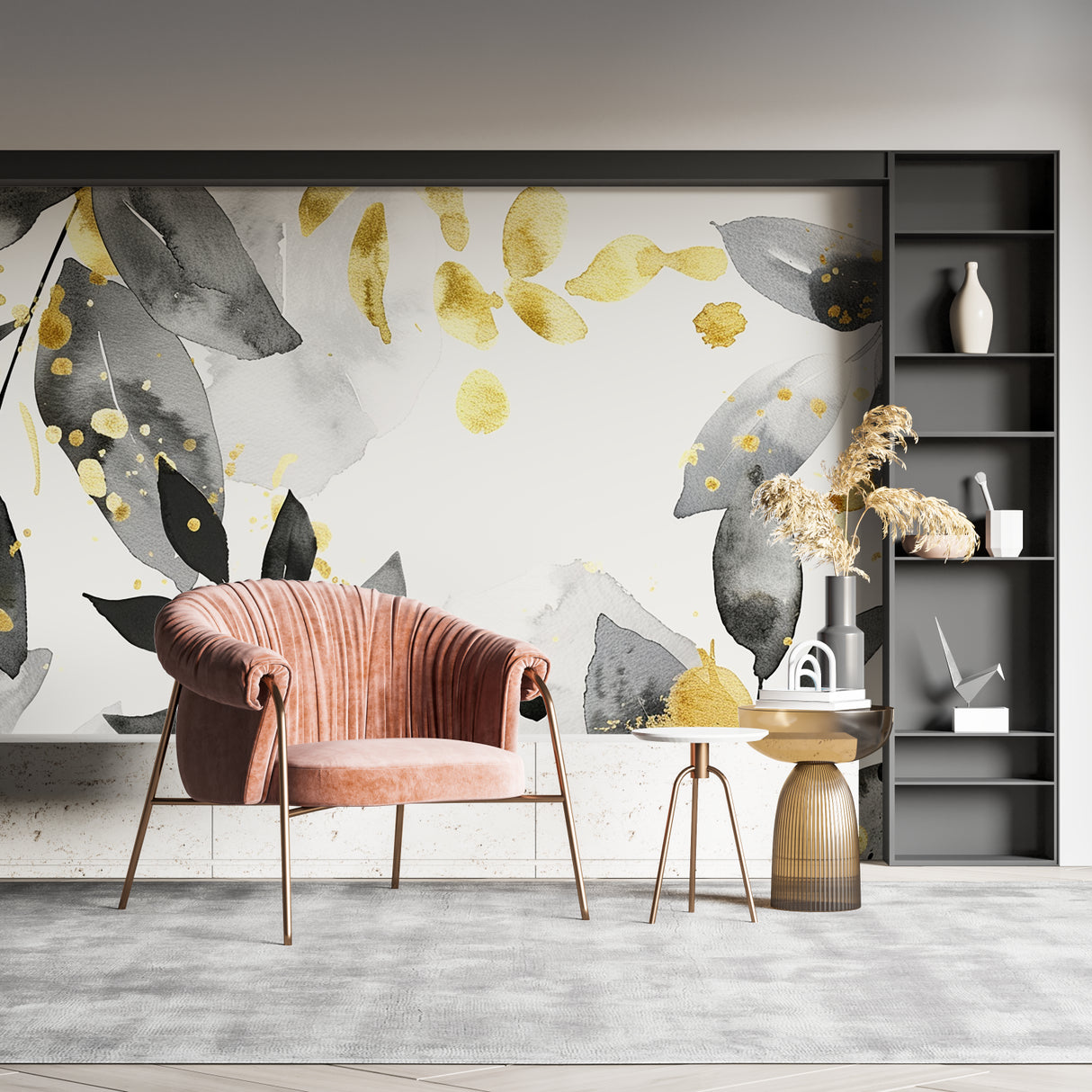 Black and gold botanical wallpaper displayed in luxury hallway setting