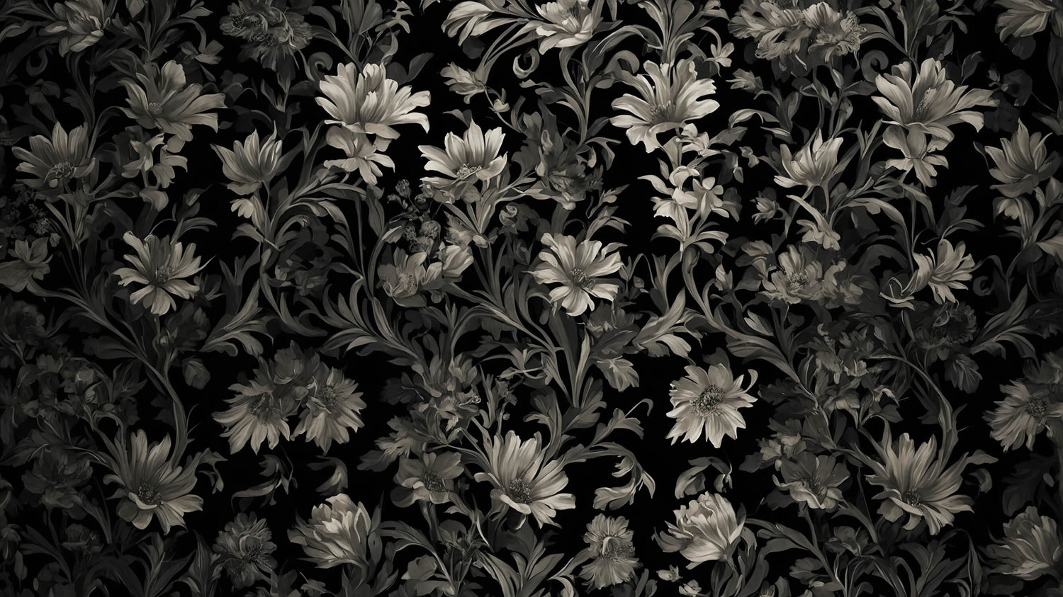 Black and grey baroque floral wallpaper design file showing intricate pattern details and full repeat