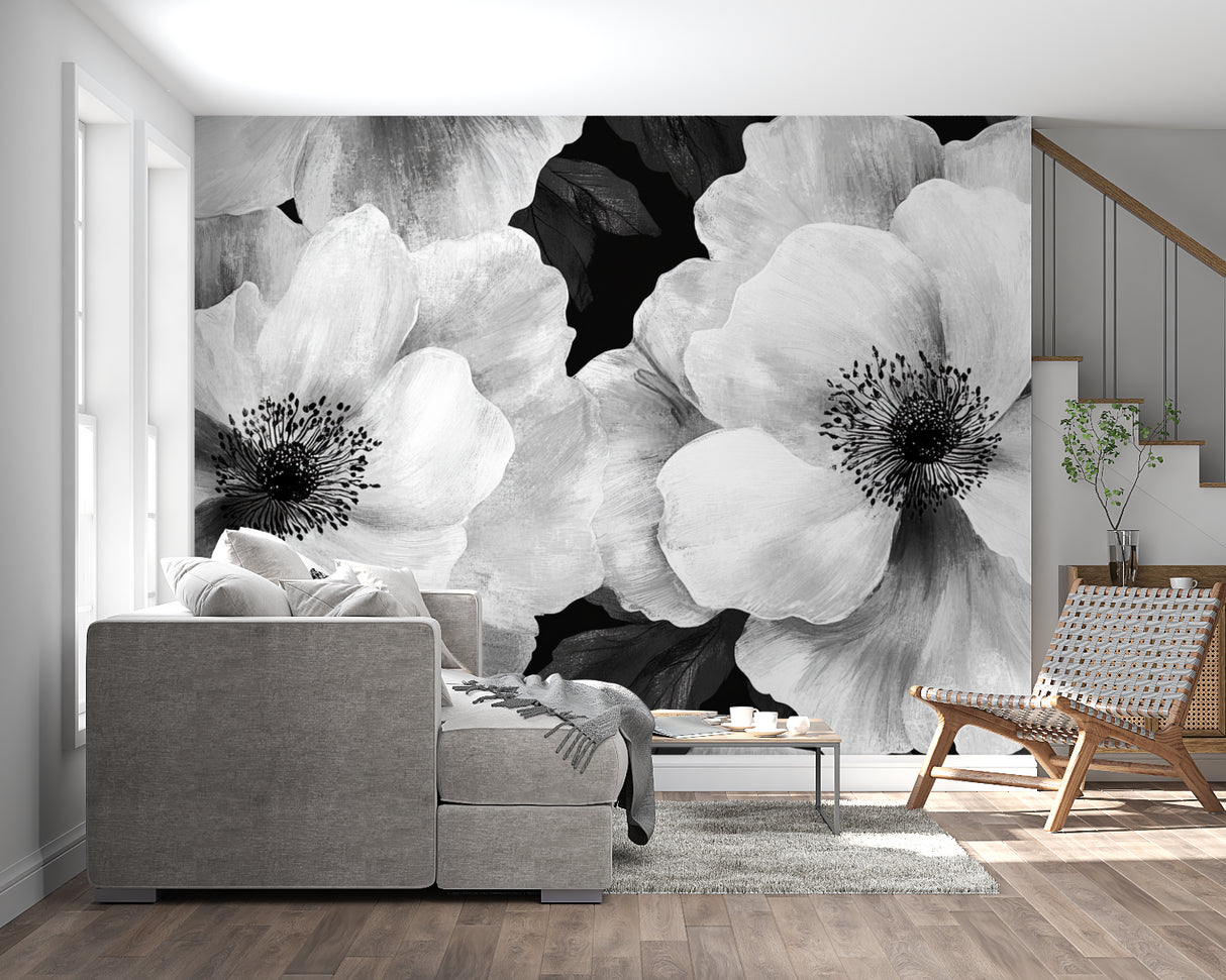 Monochrome anemone wallpaper creating drama in master bedroom setting