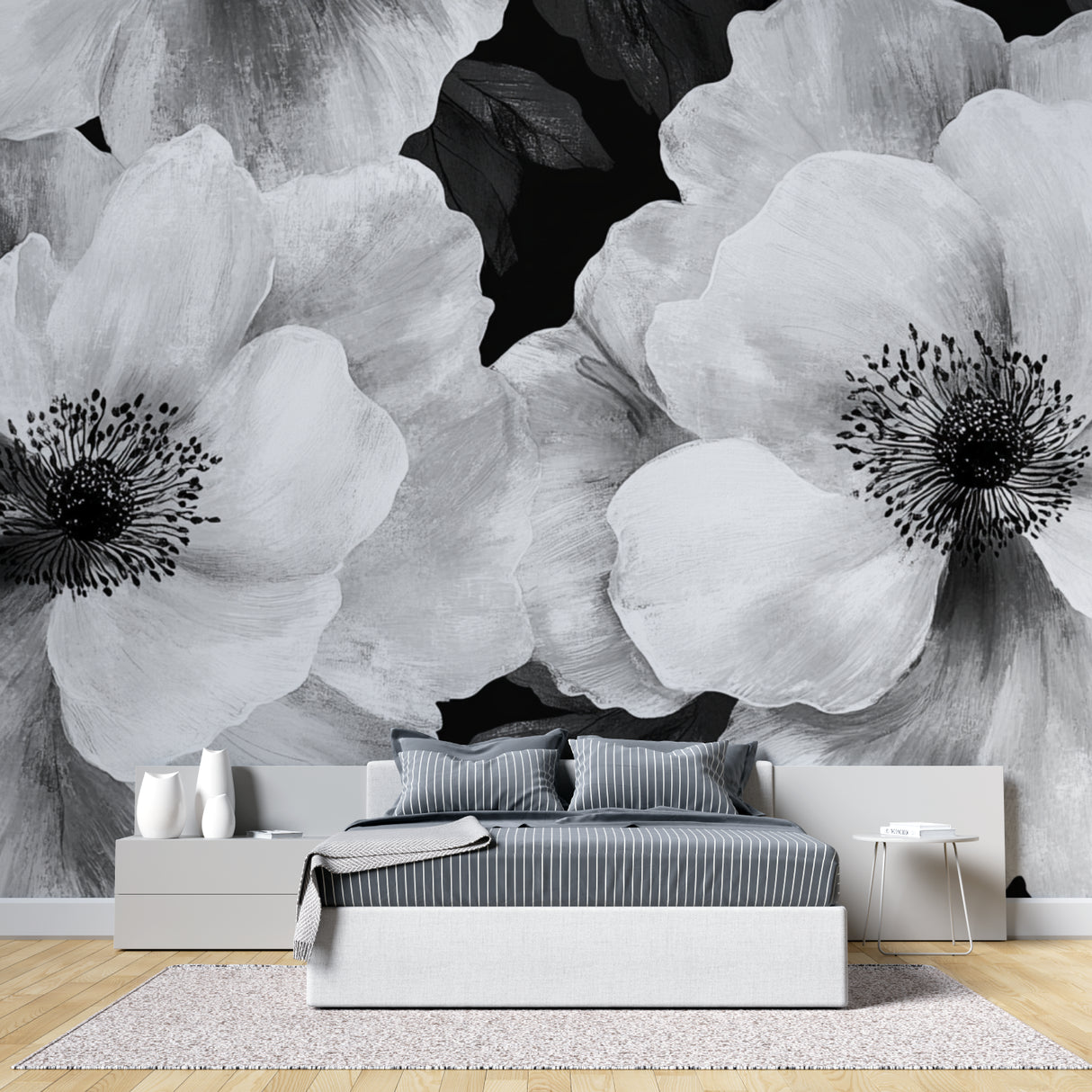 Black and white flower mural adding sophistication to dining room wall