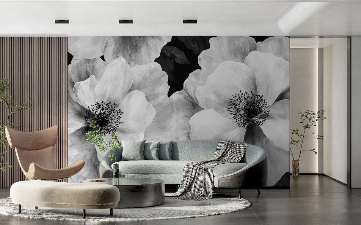 Dramatic floral wall mural transforming home office space