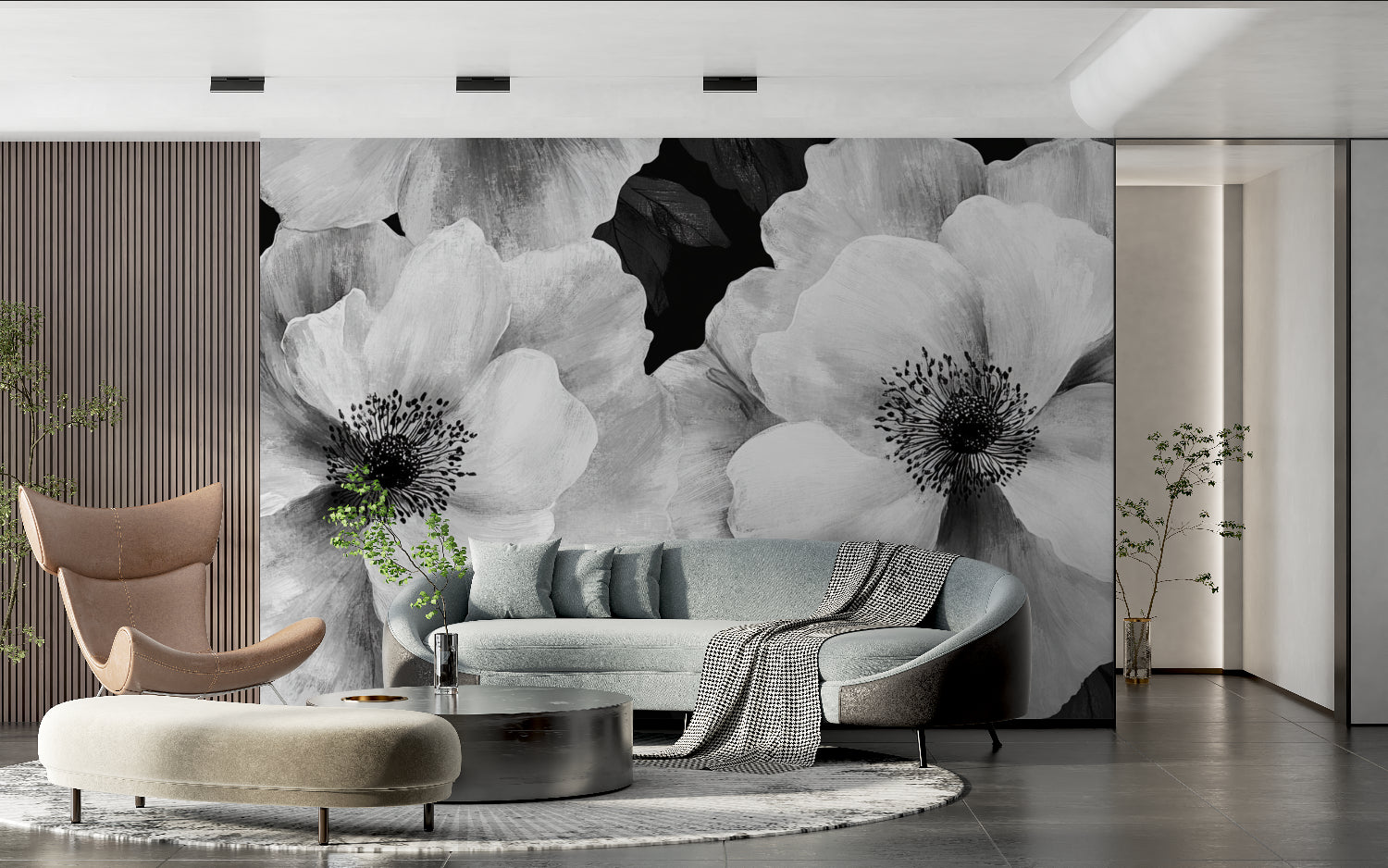Dramatic floral wall mural transforming home office space