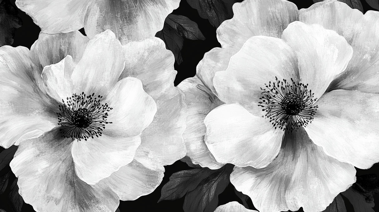 Black and white anemone floral wallpaper design file showing intricate botanical pattern