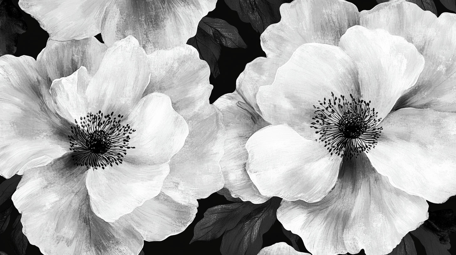 Black and white anemone floral wallpaper design file showing intricate botanical pattern