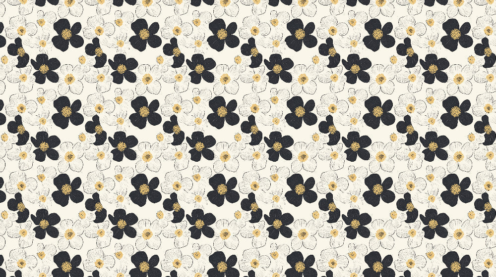 Black and white floral pattern with gold accents design file showing detailed bloom arrangement