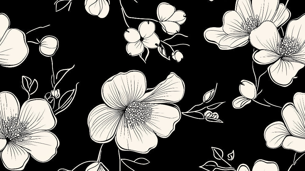 Black and white botanical design file showing detailed flower pattern and intricate line work