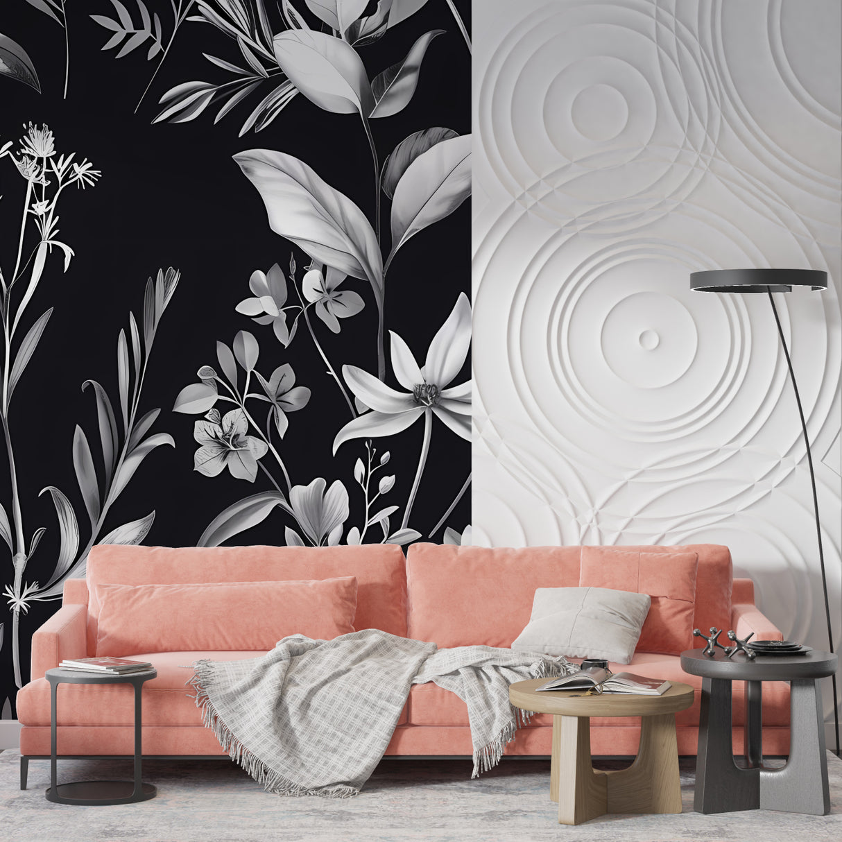 Black and white floral wallpaper creating drama in modern living room with mid-century furniture