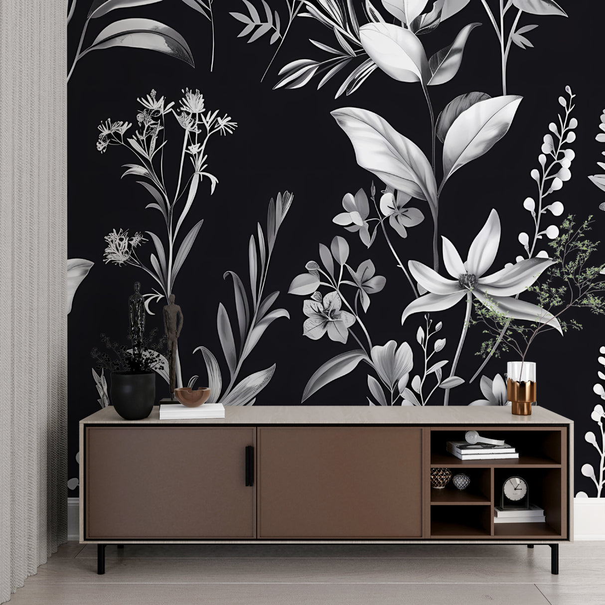 Black floral wallpaper adding sophistication to master bedroom feature wall