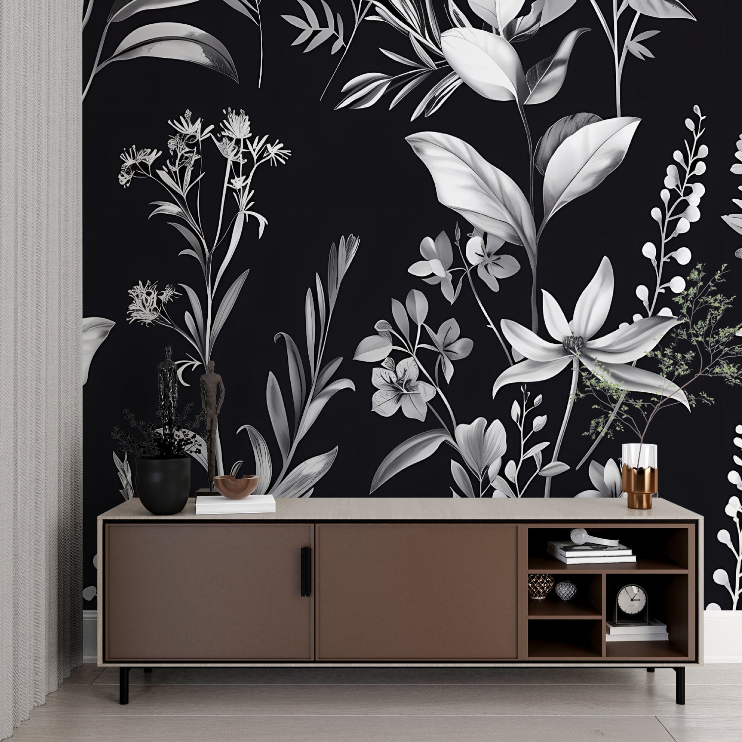Black floral wallpaper adding sophistication to master bedroom feature wall