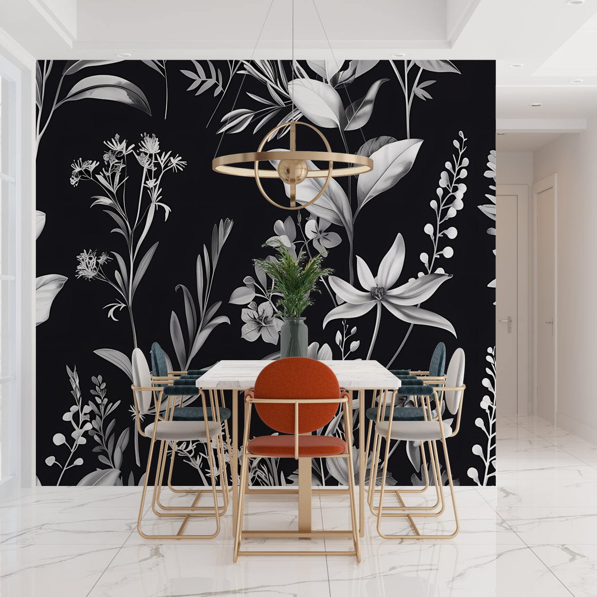 Monochrome botanical design enhancing home office with natural light